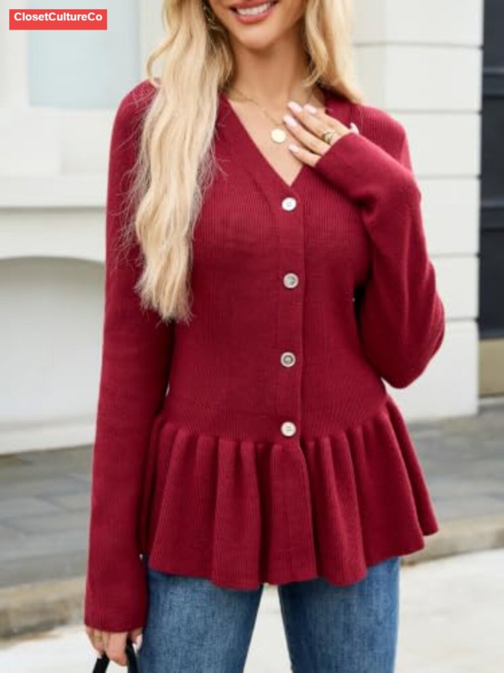 Button Down Ribbed Knit Ruffle Peplum Cardigan Sweater - Picture 2 of 5
